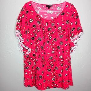 Lane Bryant Pink Floral Blouse with Ruffle Eyelet Embroidered Sleeves
